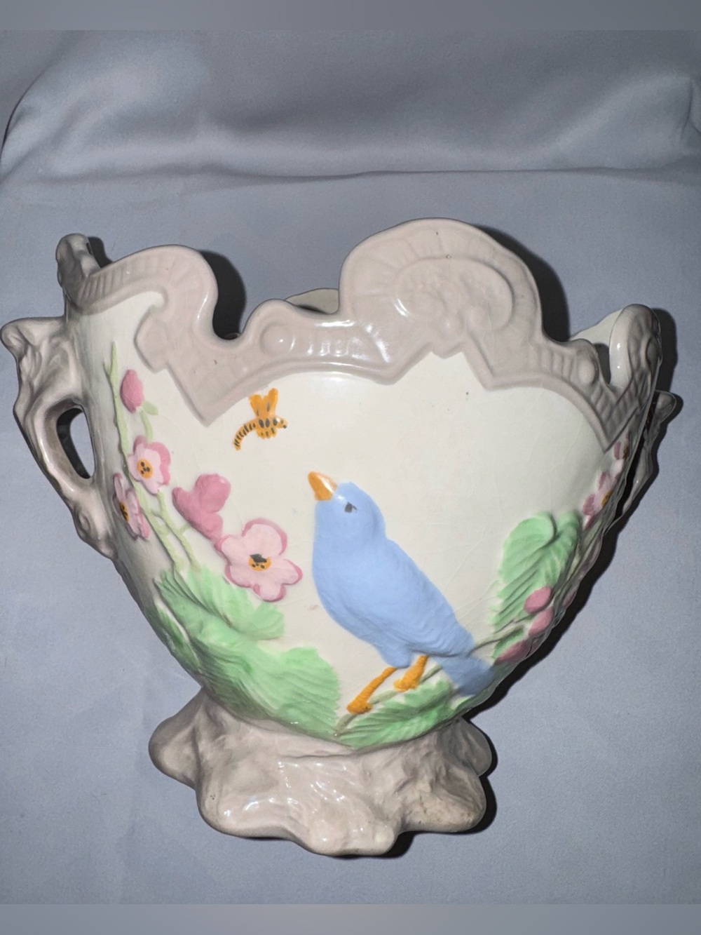Vintage Large Hand-Painted Bird Planter Crackle Vase Blue Bird & Flowers